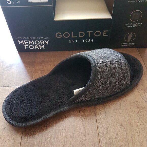 GoldToe Men's Memory Foam Open-Toe Indoor/Outdoor Black/Dark Gray Slippers, S - Picture 6 of 12